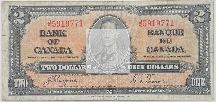 1937 Canada $2 Dollars  P-59c World Banknote - Cool Coins & Notes