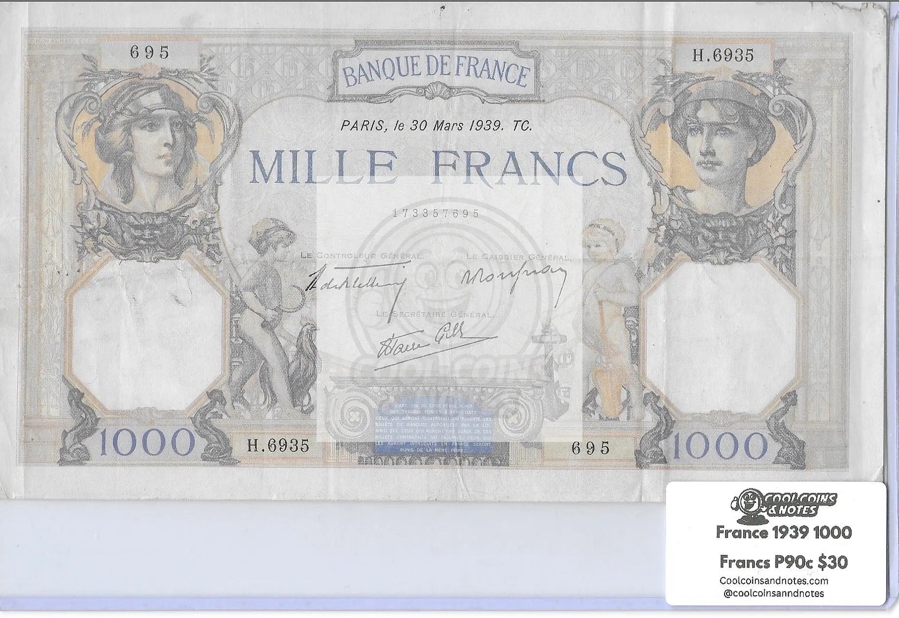 1939 France 1,000 Francs P-90c banknote front view
