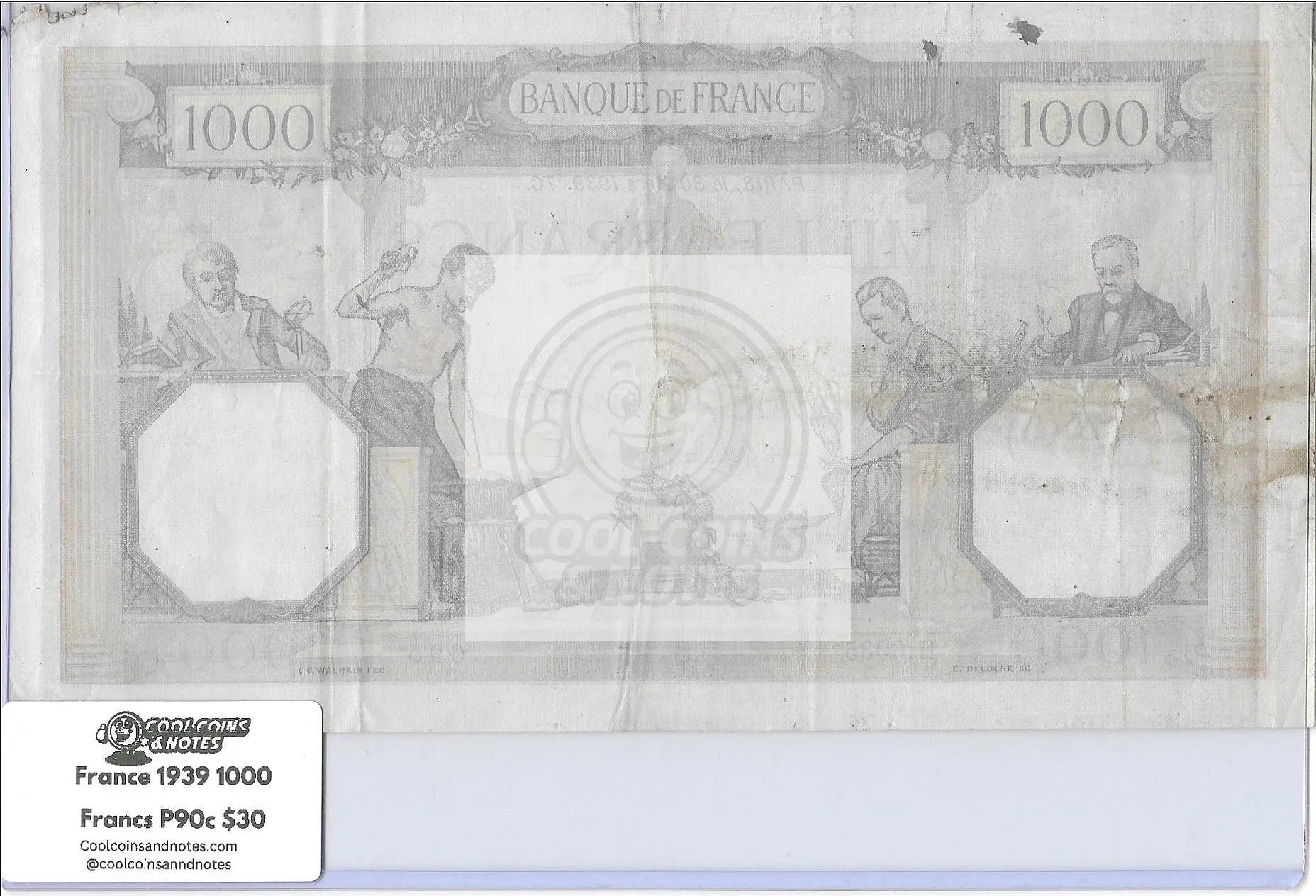 1939  France  1,000 Francs  P-90c  Banknote - Cool Coins & Notes