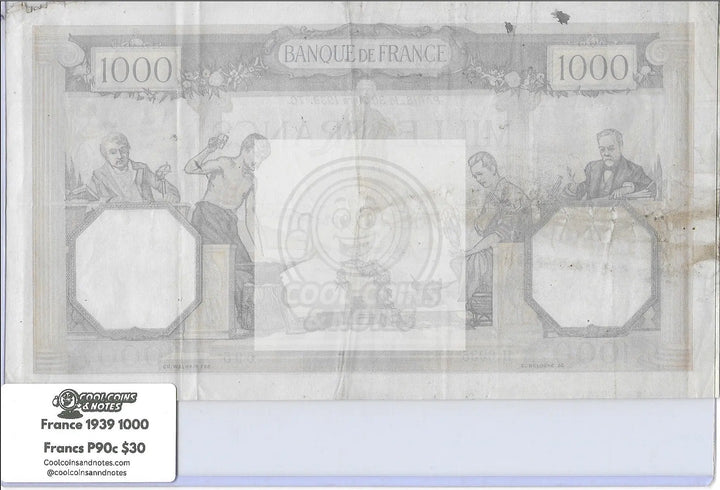 1939  France  1,000 Francs  P-90c  Banknote - Cool Coins & Notes