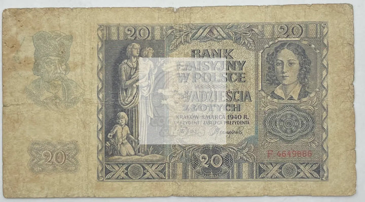 1940 Poland  20 Zlotych  P-95  Banknote - Cool Coins & Notes