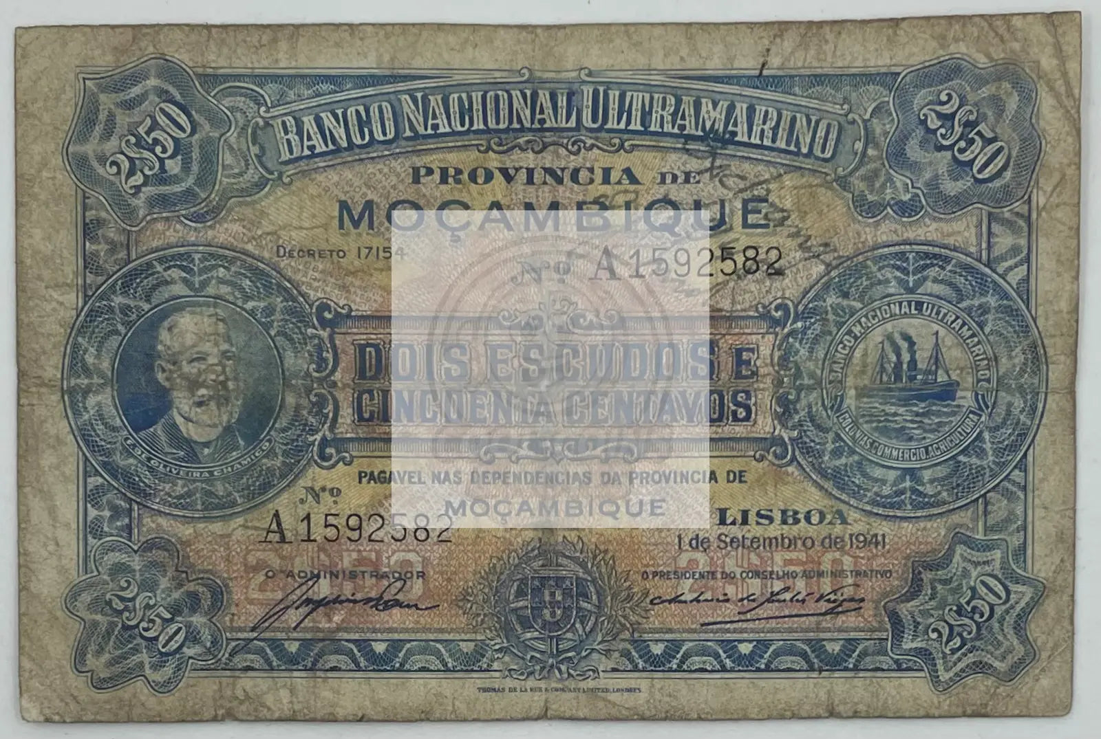 1941 Mozambique 2 1/2 Escudos Pick 82 Banknote - Cool Coins & Notes