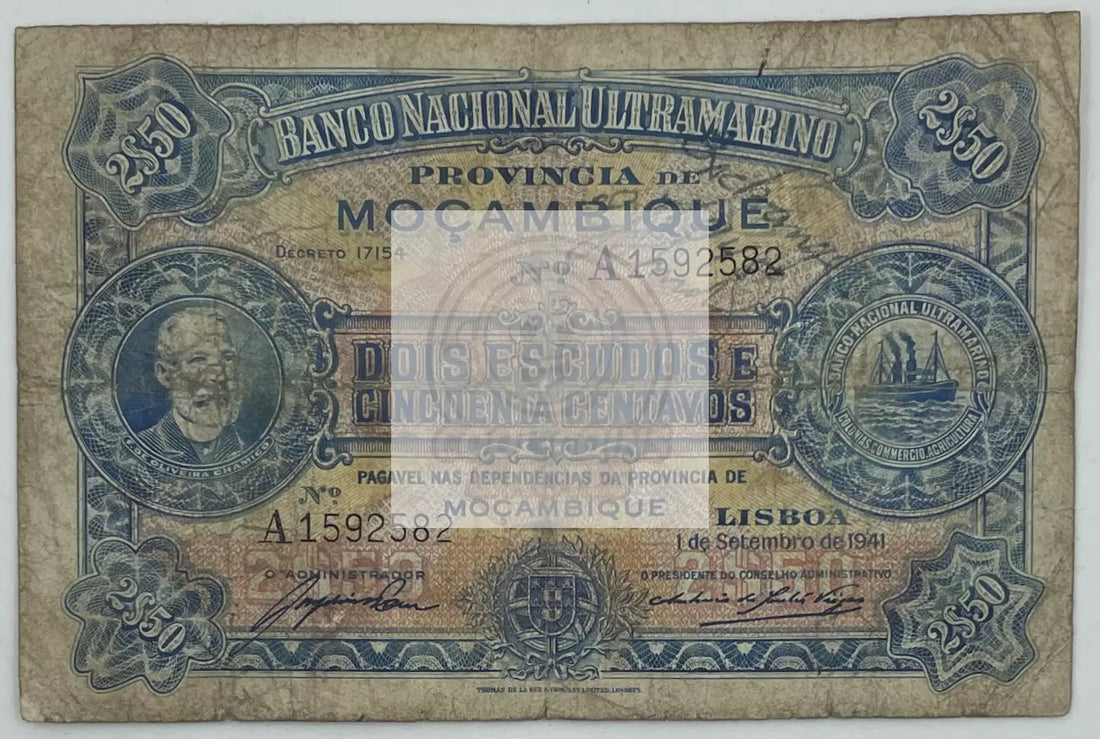 1941 Mozambique 2 1/2 Escudos Pick 82 Banknote - Cool Coins & Notes