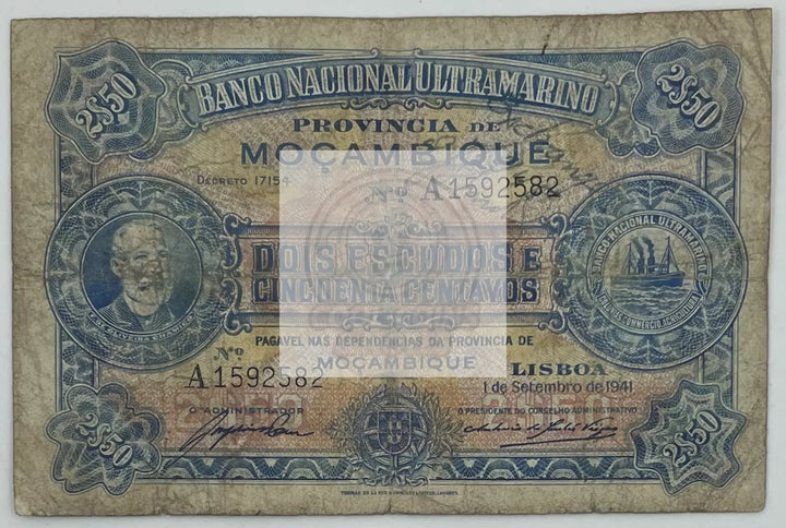 1941 Mozambique 2 1/2 Escudos Pick 82 Banknote - Cool Coins & Notes