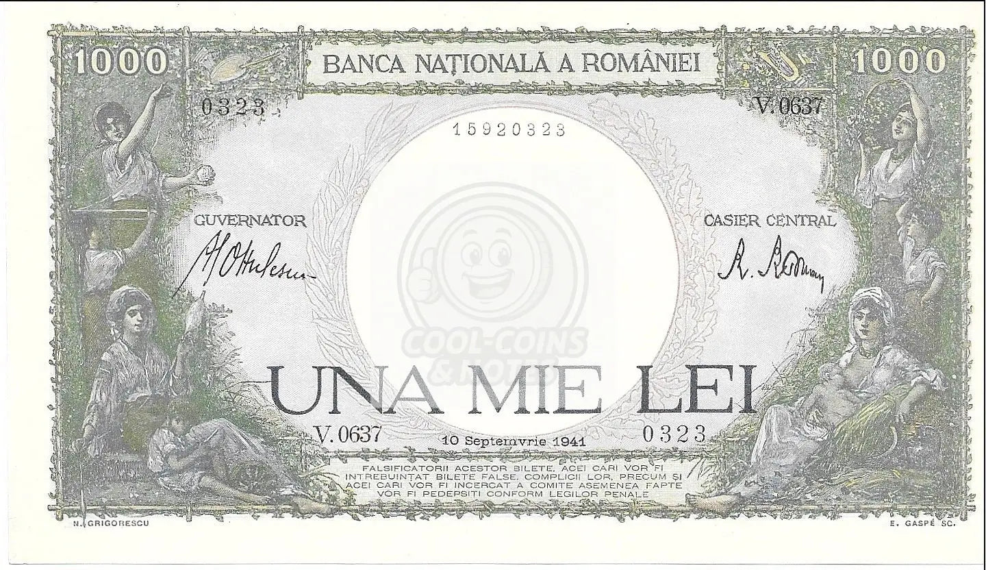 1941 Romania 1000 Lei Pick 52a UNC uncirculated historic banknote