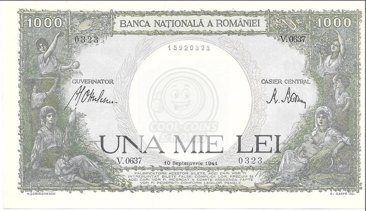 1941 Romania 1000 Lei Pick 52a UNC Banknote - Cool Coins & Notes