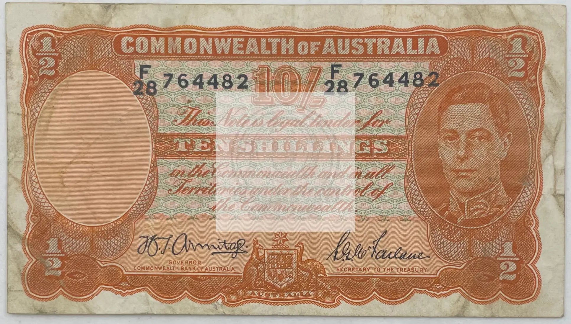 1942 Australia 10 Shillings  P-25b, Used World Banknote - Cool Coins & Notes