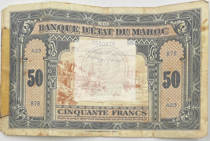 1943-1944 French North Africa 50 Francs WW2 Short Snorter banknote P-26a.1