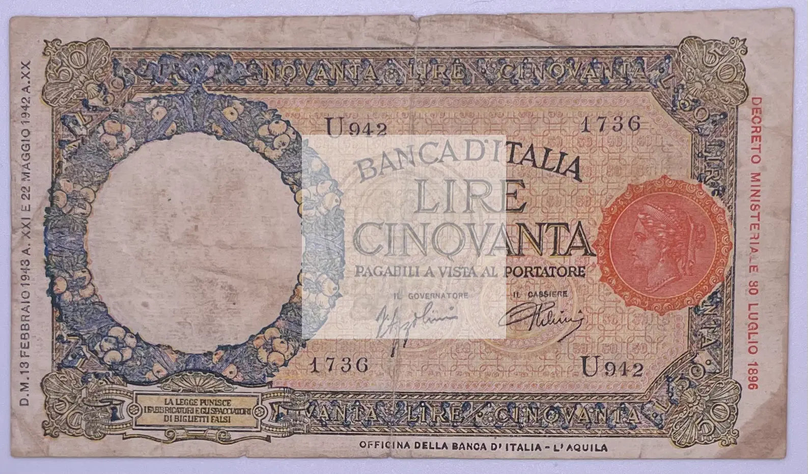 Italy 1943 50 Lire banknote P66 circulated World War II collectible currency