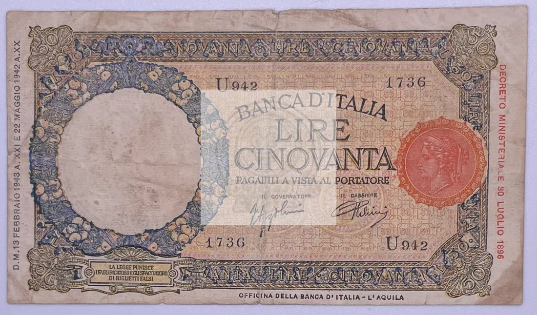 1943 Italy 50 Lire P66, Used World Currency Banknote - Cool Coins & Notes
