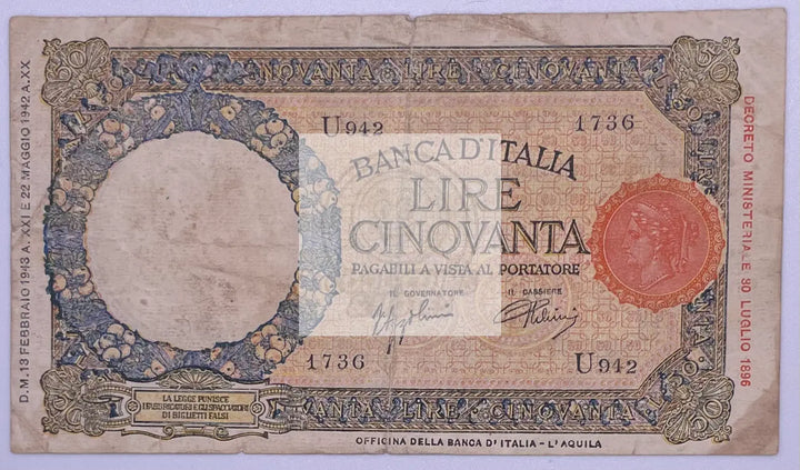 1943 Italy 50 Lire P66, Used World Currency Banknote - Cool Coins & Notes