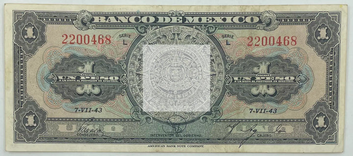 1943 Mexico 1 Peso  P-38d.AC Banknote - Cool Coins & Notes