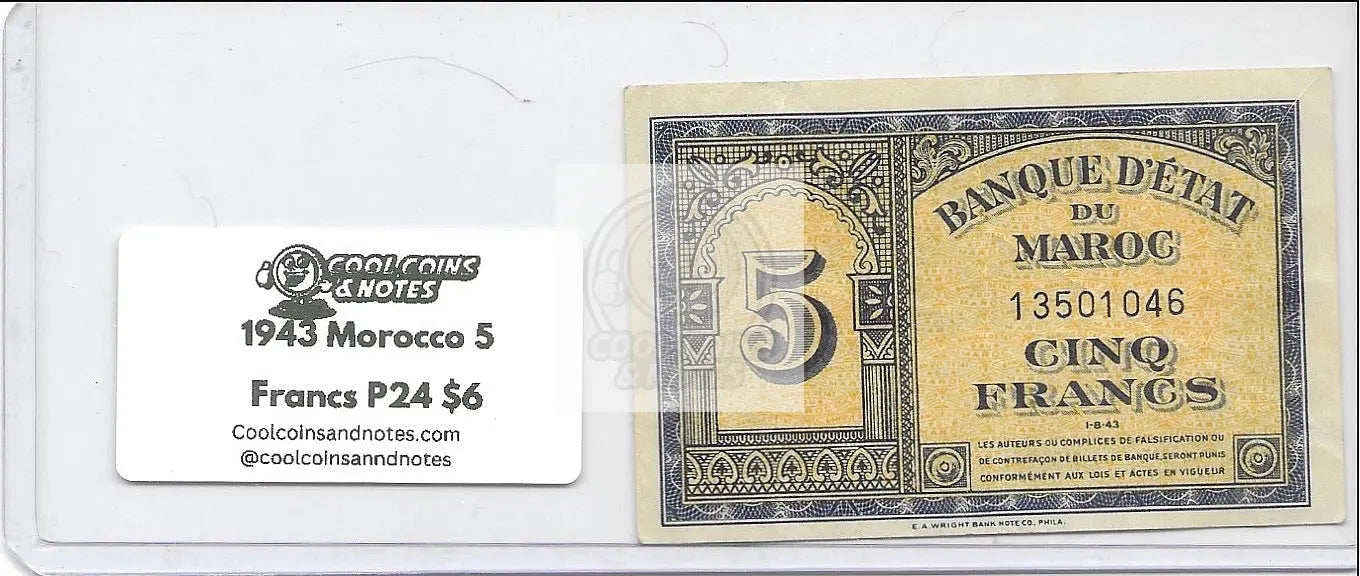 1943 Morocco 5 Francs P-24 circulated World War II French colonial banknote with intricate designs