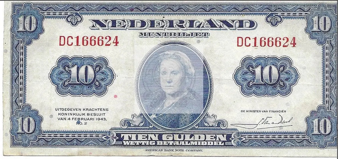 1943 Netherlands WW2 10 Gulden P-66 Banknote - Cool Coins & Notes