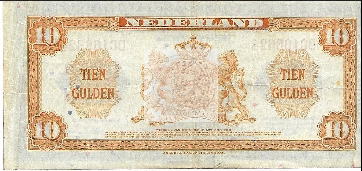 1943 Netherlands WW2 10 Gulden P-66 Banknote - Cool Coins & Notes