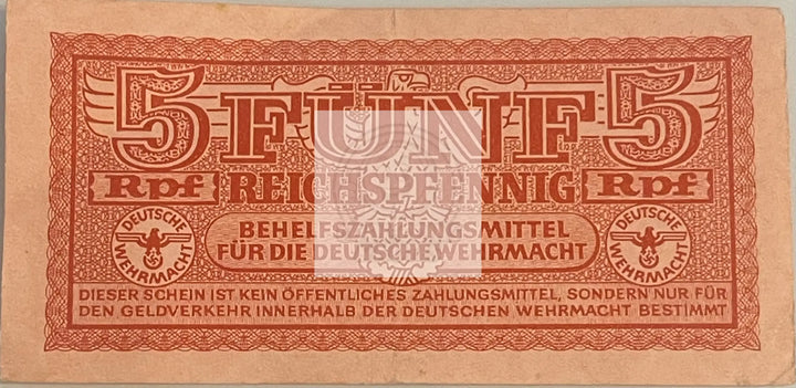 1944 Germany Wehrmacht 5 Reichsphennig P-M33 Nazi World Banknote - Cool Coins & Notes