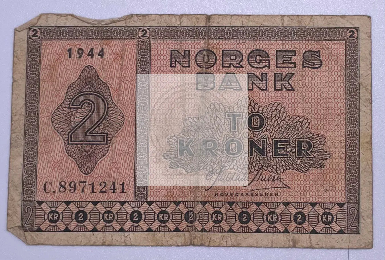 1944 Norway 2 Krone scarce WWII banknote with unique design elements