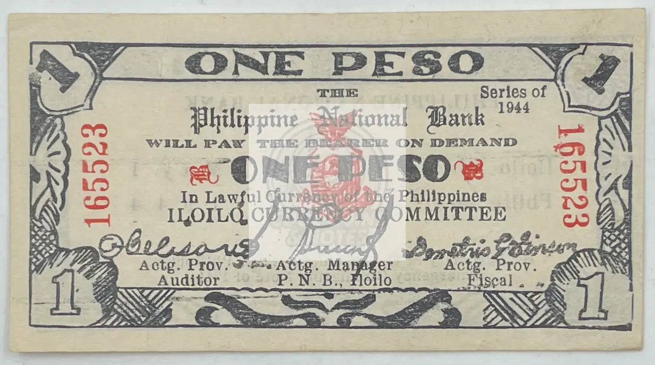 1944 Philippines 1 Peso P-S339 banknote showing historical currency design