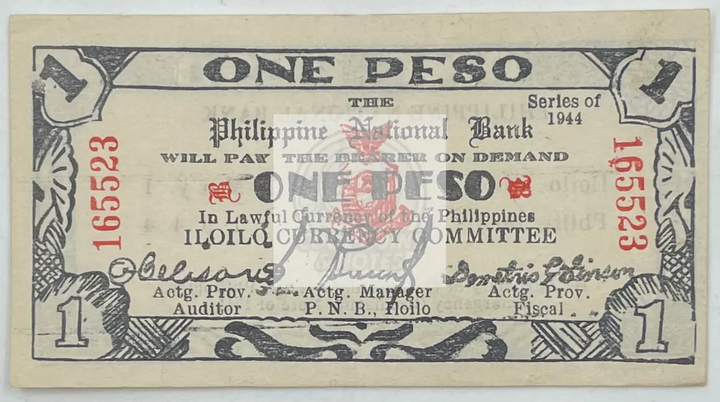 1944 Philippines 1 Peso P-S339 banknote showing historical currency design