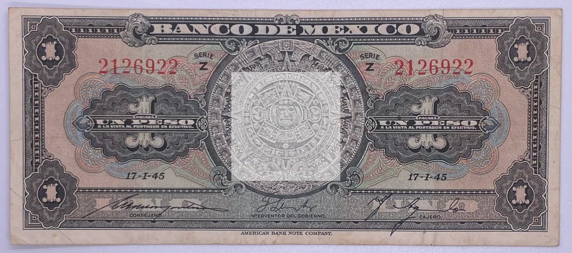 1945 Banco de Mexico one peso banknote series Z P 38