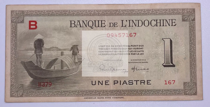 1945 French Indochina 1 Piastre P-76a Banknote - Cool Coins & Notes