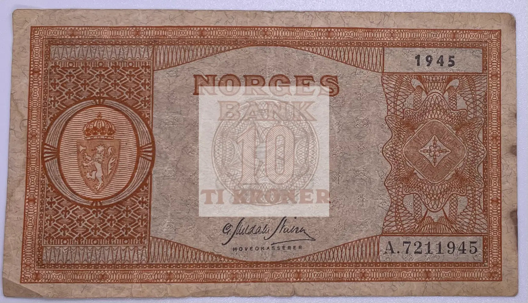 1945 Norway 10 Kroner banknote P-26a with historical design and signatures