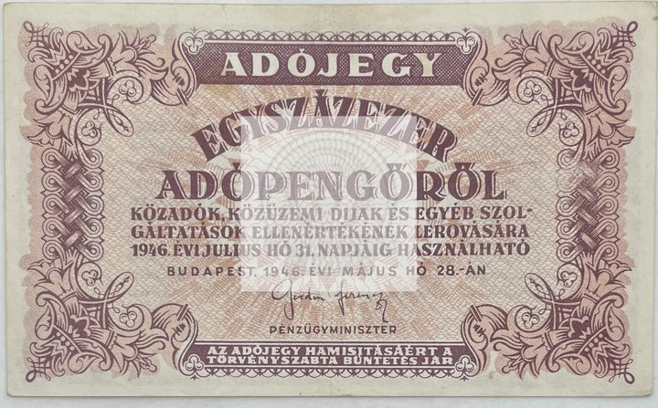 1946 Hungary 100,000 Adopengo P-144c, AU World Banknote - Cool Coins & Notes