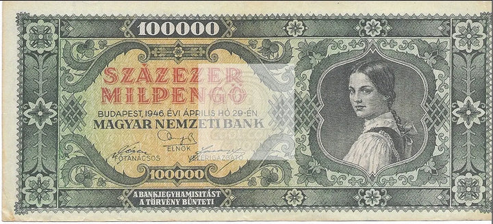 1946 Hungary 100,000 Milpengo P-127 Banknote - Cool Coins & Notes