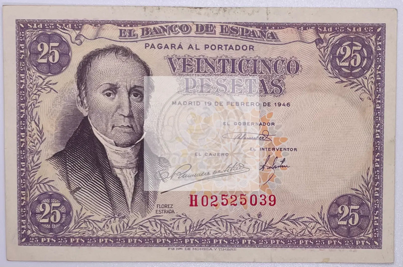 1946 Spain 25 Pesetas P-130 banknote detailed design