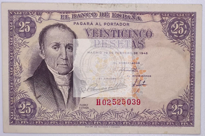 1946 Spain 25 Pesetas  P-130 Banknote - Cool Coins & Notes