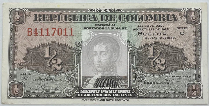 1948 Columbia 1/2 Medio Peso Oro P-345 UNC World Banknote - Cool Coins & Notes