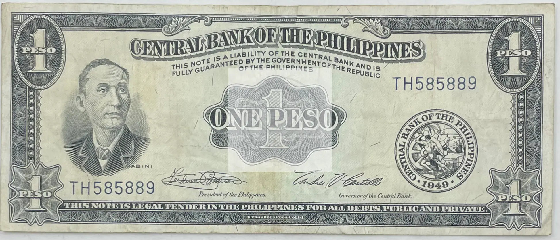 1949 Philippines 1 Peso Banknote P-13g featuring Apolinario Mabini in uncirculated condition