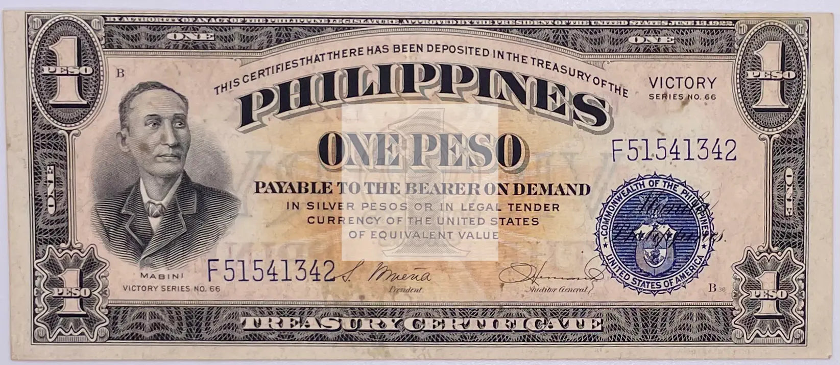 1949 Philippines 1 Peso banknote with Central Bank overprint P-117