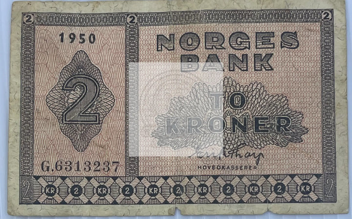 1950 Norway 2 Kroner P-16b Used World Banknote Currency - Cool Coins & Notes