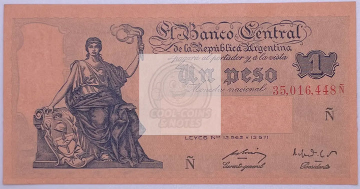 1951-1952 Argentina 1 Peso P-262a UNC Banknote - Cool Coins & Notes