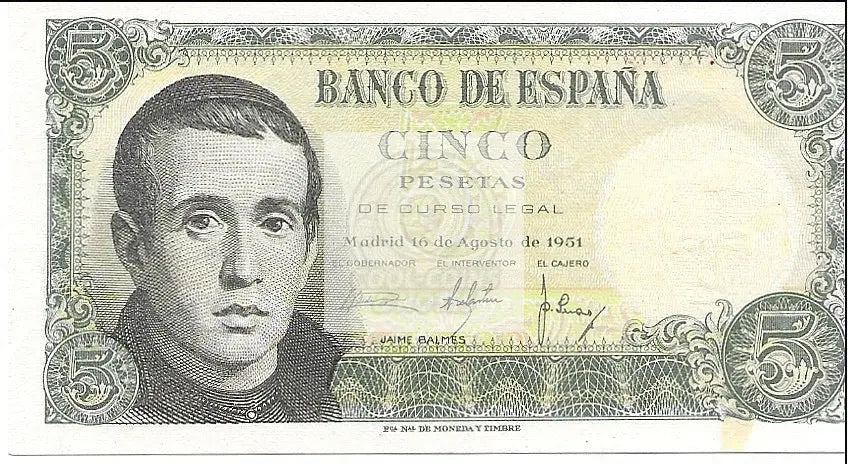 1951 Spain 5 Pesetas AU P-140 Banknote - Cool Coins & Notes