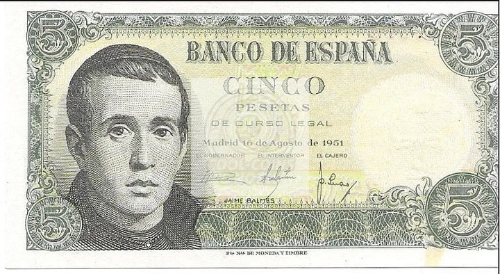 1951 Spain 5 Pesetas AU P-140 Banknote - Cool Coins & Notes