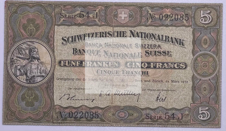 1952 Switzerland 5 Francs P-11p Banknote - Cool Coins & Notes