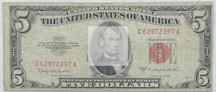 1953-C USA $5 Dollar Red Seal Fr.#1535 Banknote - Cool Coins & Notes