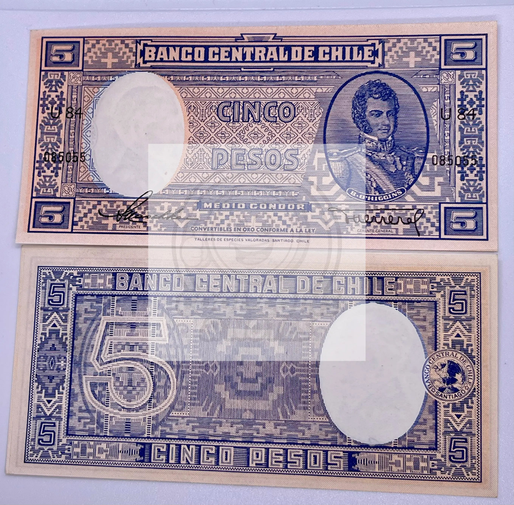 1953 Chile 5 Pesos banknote P119 uncirculated with intricate artistic design and historical significance