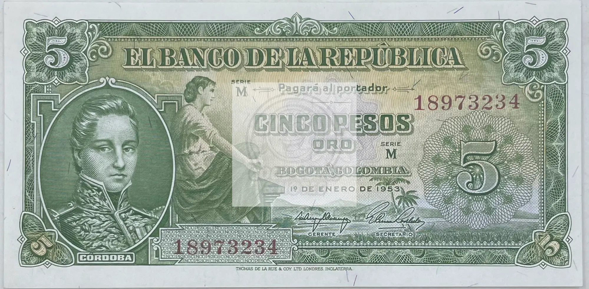 1953 Columbia 5 Pesos Oro UNC World Banknote - Cool Coins & Notes