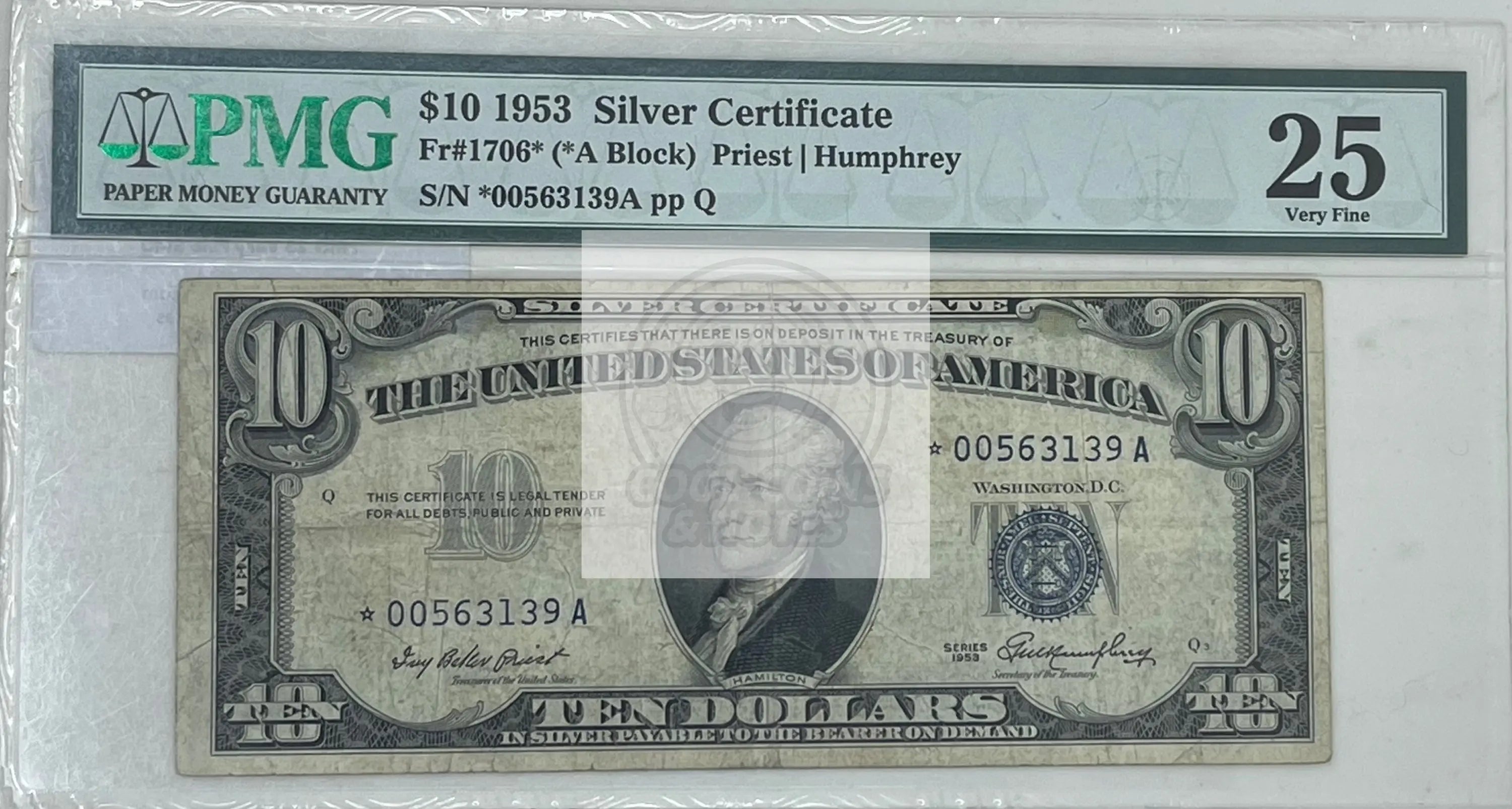 1953 $10 Silver Certificate Fr.#1706*(*A Block) PMG 25 VF Banknote - Cool Coins & Notes