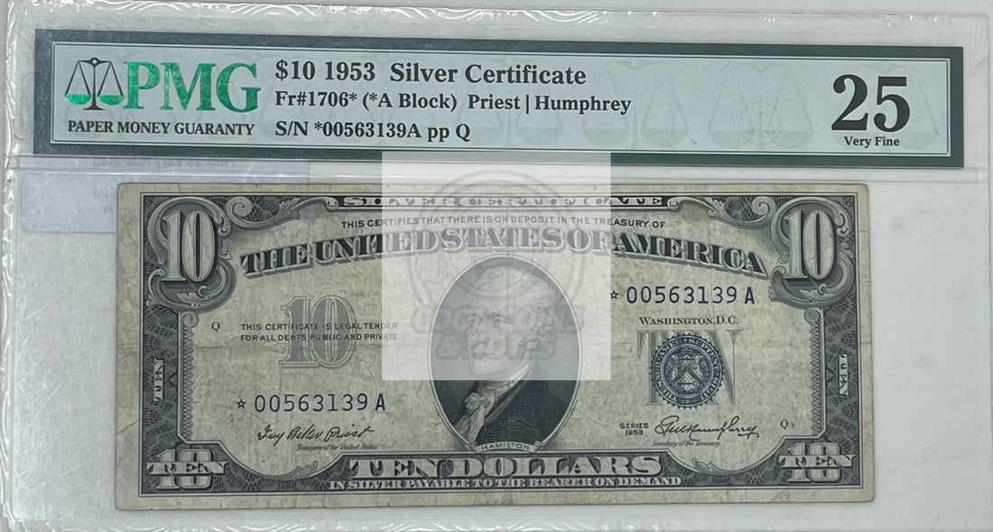 1953 $10 Silver Certificate Fr.#1706*(*A Block) PMG 25 VF Banknote - Cool Coins & Notes