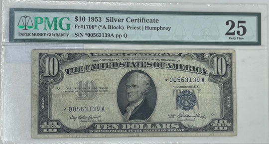 1953 $10 Silver Certificate Fr.#1706*(*A Block) PMG 25 VF Banknote
