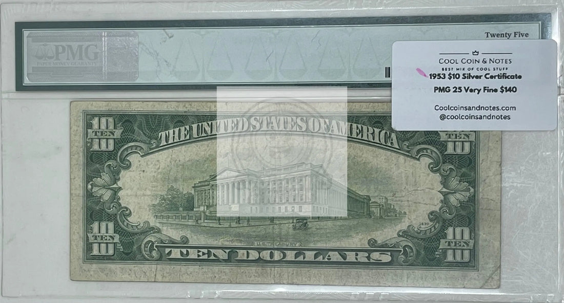 1953 $10 Silver Certificate Fr.#1706*(*A Block) PMG 25 VF Banknote - Cool Coins & Notes