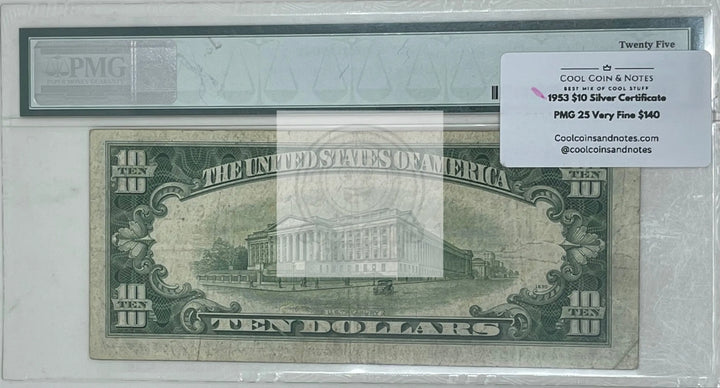 1953 $10 Silver Certificate Fr.#1706*(*A Block) PMG 25 VF Banknote - Cool Coins & Notes