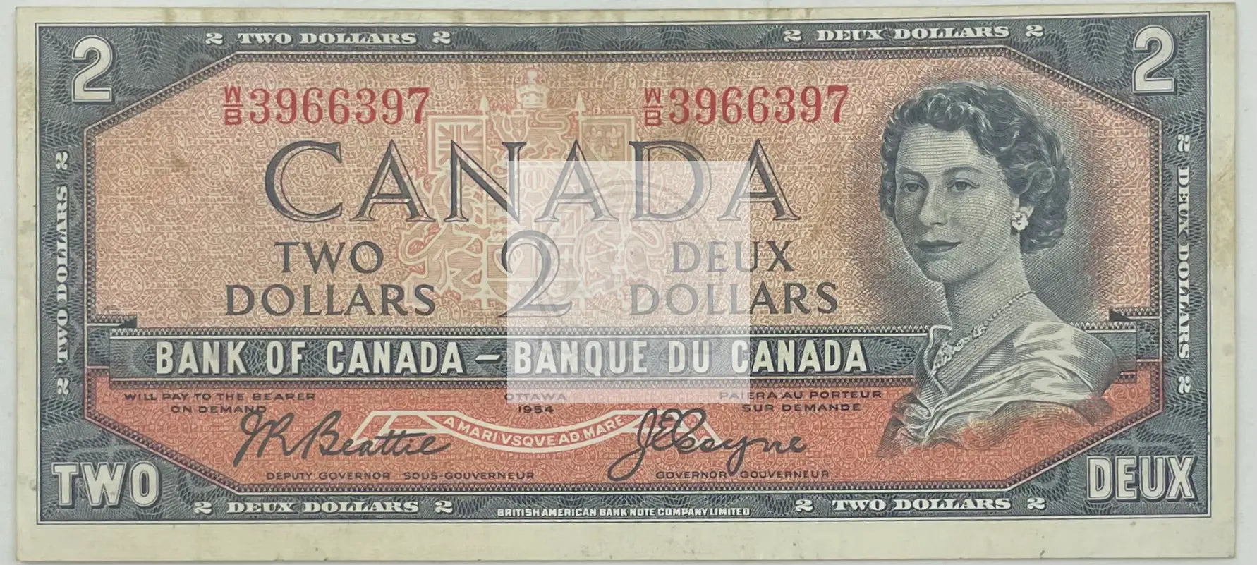 1954 Canada $2 Dollars P-76  AU Banknote - Cool Coins & Notes