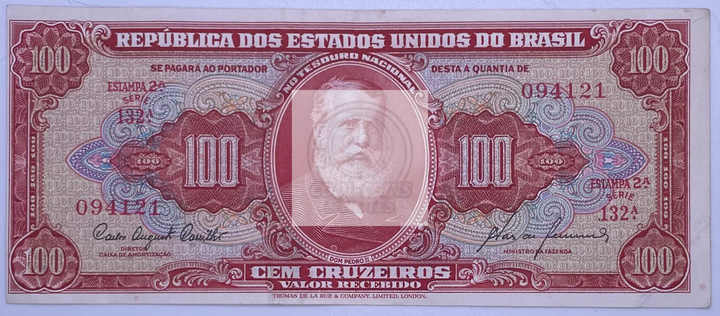 1956 Brazil 100 Cruzeiros P162 banknote front view