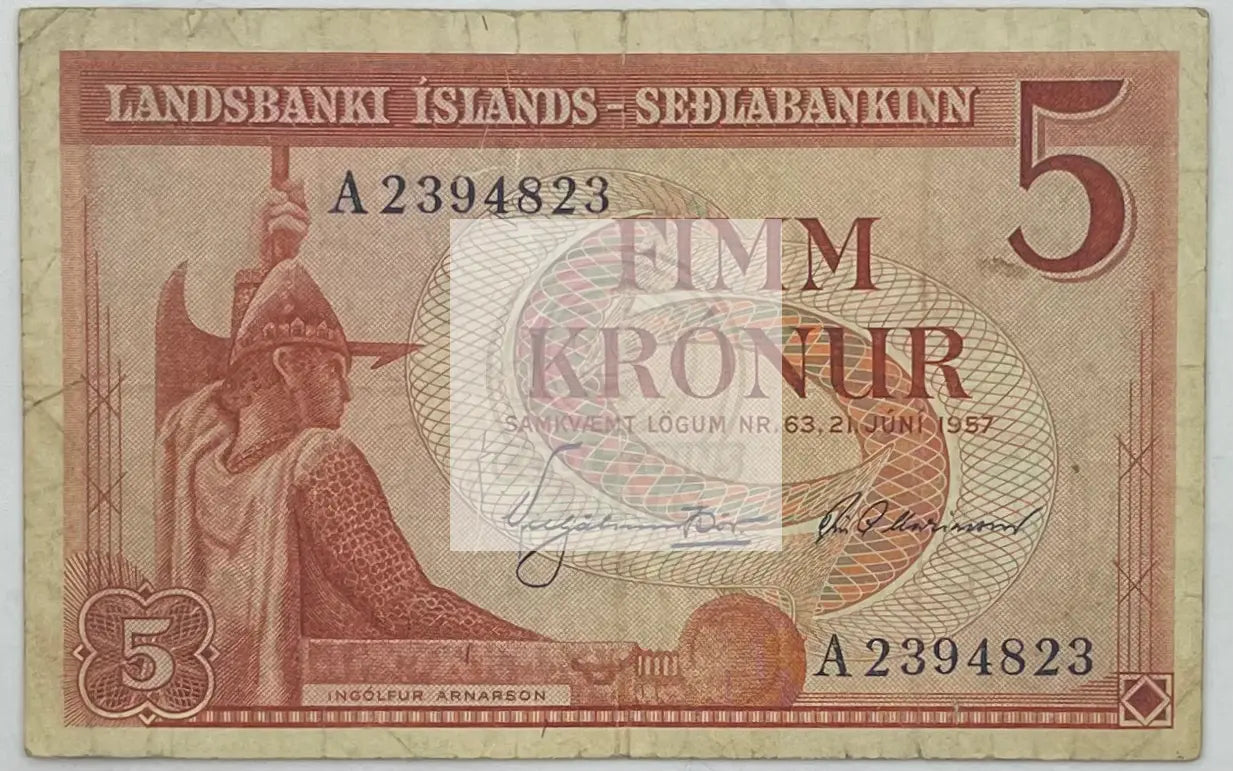 1957 Iceland 5 Kronur  (P-37b) Banknote - Cool Coins & Notes