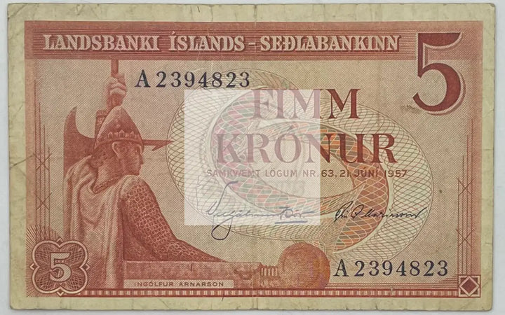 1957 Iceland 5 Kronur  (P-37b) Banknote - Cool Coins & Notes